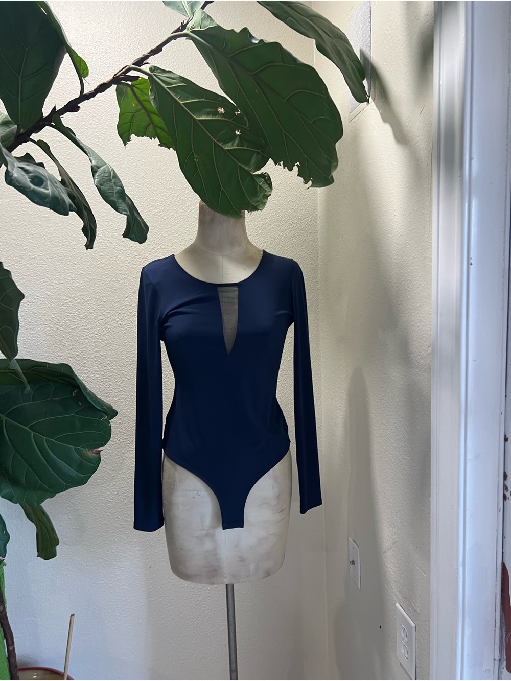 BCBGeneration Navy Long-Sleeve Bodysuit with Sheer V Inset